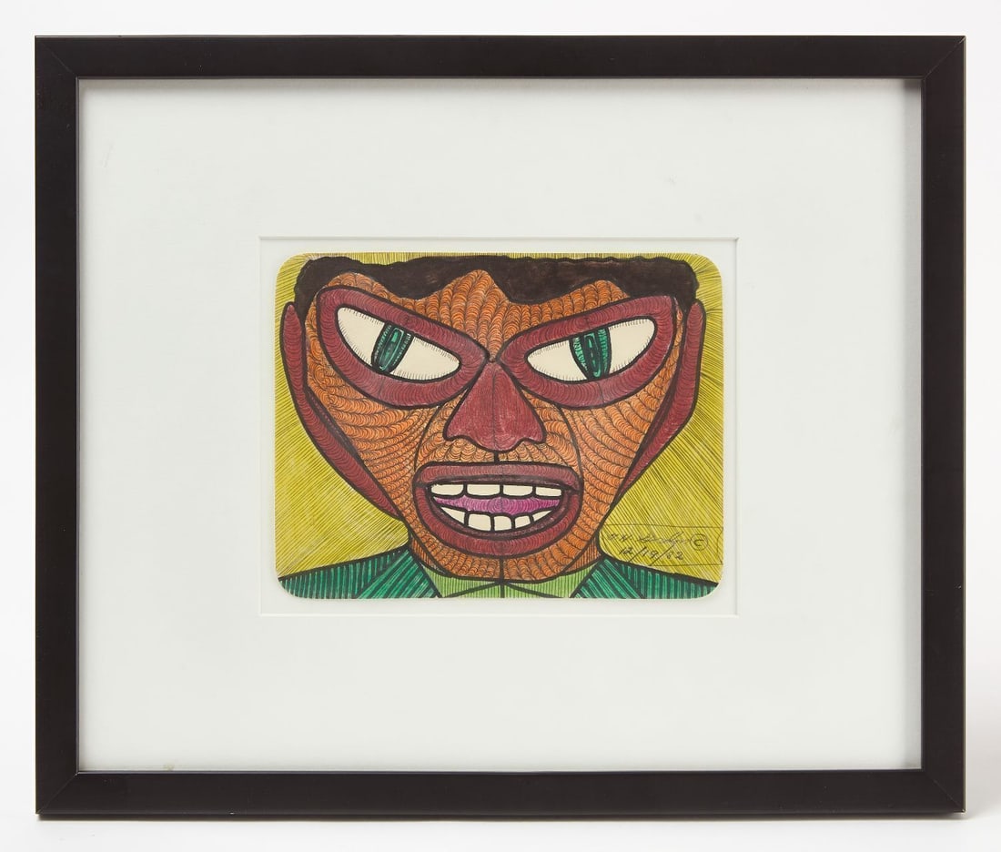 Ted Gordon - Untitled 'Man with Orange Face': Ted Gordon (American, b. 1924) - Untitled portrait of a man with orange face and green jacket. Colored marker and ink on paper. Signed LR and dated 1982. Frame: H 15-1/4 in. W 18-1/4 in. Paper: H
