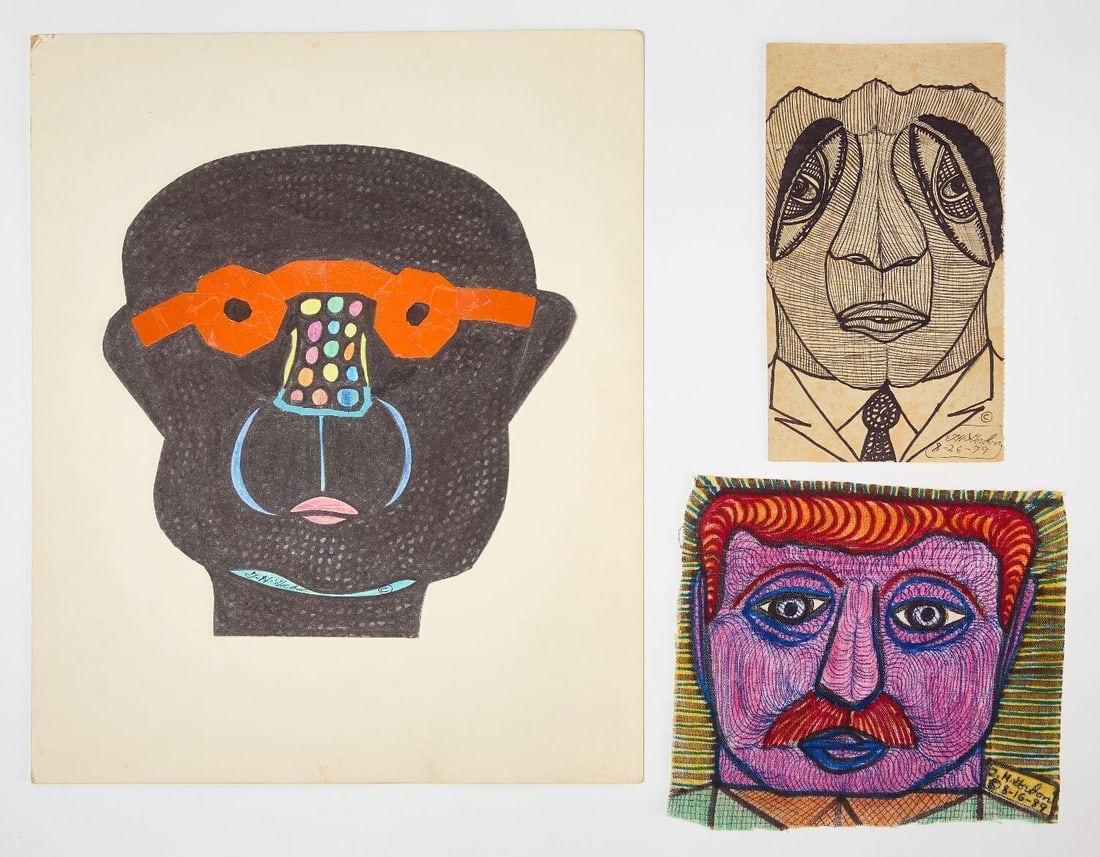 Three Works by Ted Gordon: Three works by Ted Gordon (American, b. 1924). 'Tangerine Glasses'. Ink/marker on cut-out fabric. Untitled ink on paper hand towel. Untitled colored marker and ink on fabric. Signed LR