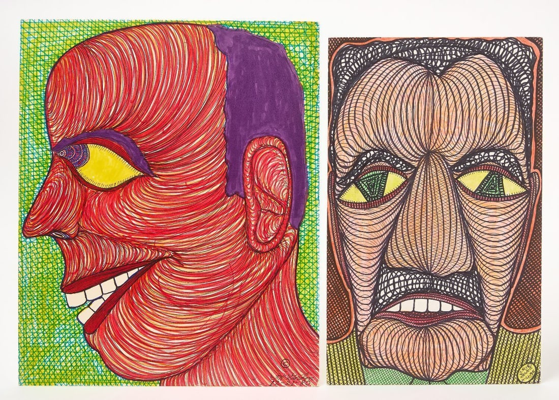 Ted Gordon - Time for Tums and Untitled Profile Portrait: Two works by Ted Gordon (American, b. 1924). 'Time for Tums', together with an untitled portrait in profile. Colored marker and ink on paper. Signed LR and dated 1996 and 1980