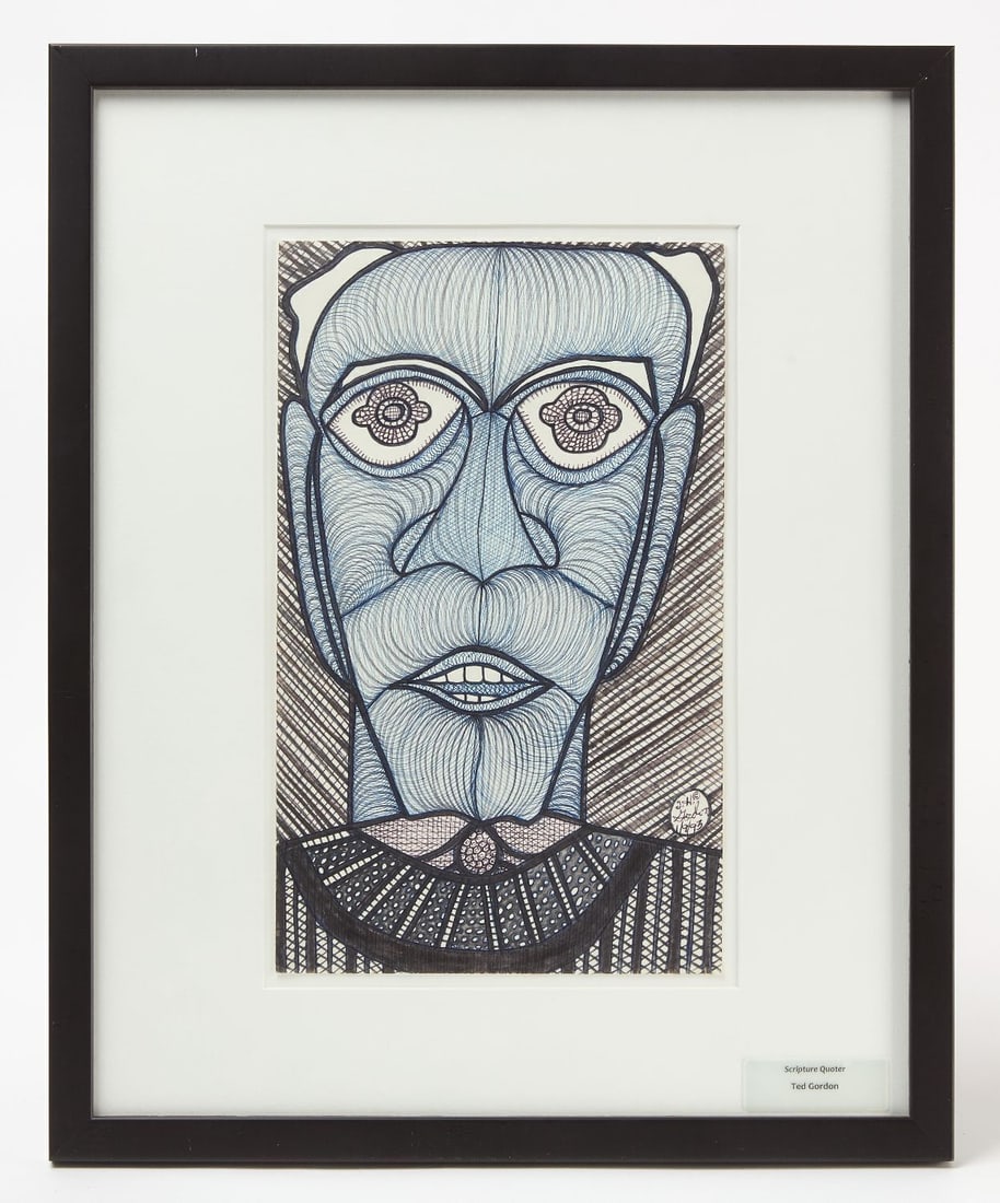 Ted Gordon - Scripture Quoter: Ted Gordon (American, b. 1924) - 'Scripture Quoter'. Colored marker and ink on paper. Signed LR and dated 1993.Frame: H 21-1/4 in. W 17-1/4 in. Paper: H 14 in. W 8-1/2 in. Provenance: Fro