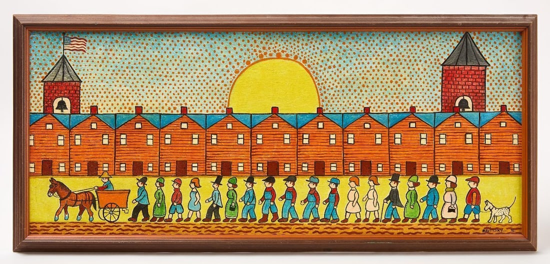 Jack Savitsky - Sunrise in the Coal Region: Jack Savitsky (American, 1910–1991) 'Sunrise in the Coal Region'. Oil on wood panel. Signed LR and dated 1976. Frame: H 13-1/2 in. W 34-1/2 in. Panel: H 13-3/4 in. W 33 in. 