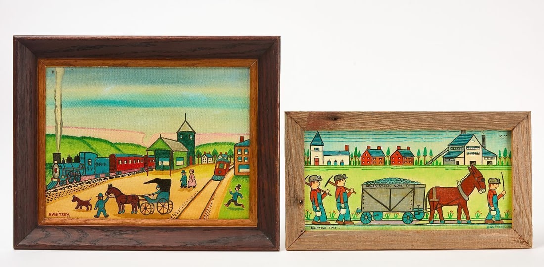 Jack Savitsky - Quitting Time and Old Stroudburg Railroad: Two pieces by Jack Savitsky (American, 1910-1991) - 'Quitting Time', and 'Old Stroudburg Railroad'. Oil on masonite. 1997 and 2000 (both dated). Frame: H 10-1/4 in. W 18-1/4 in.