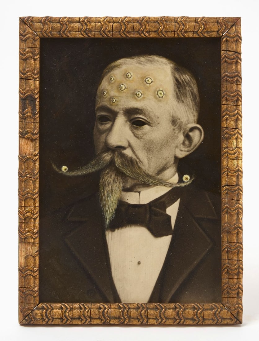 Jana Paleckova - Untitled, Mustached Man with Eyes: Jana Paleckova (Prague, Czech Republic, b. 1979), Untitled, mustached man with resin eyes. Oil, and resin on top of oil, applied to original photos in contemporary frame. Czech Republic, 2018. Frame: