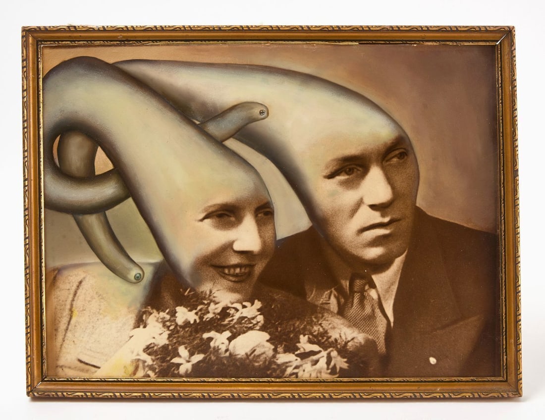 Jana Paleckova - Untitled, Couple with Tentacle Heads: Jana Paleckova (Prague, Czech Republic, b. 1979), Untitled (couple with tentacle heads). Oil on top of original found photos in contemporary frame. Czech Republic, 2015. Frame: H 12-1/2 in. W 16-1/2