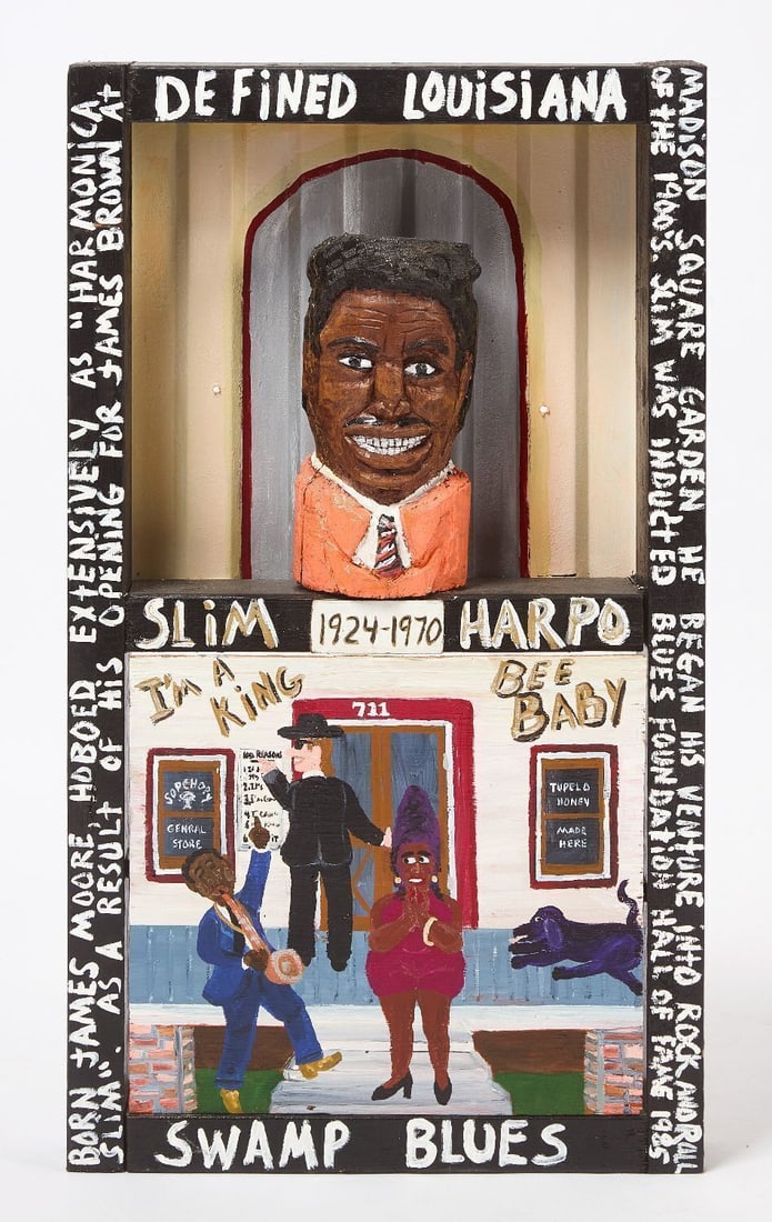 Charles Gillam and A.J. Boudreaux - Slim Harpo Obituary Shrine: Charles Gillam (Louisiana, b. 1945) and Sainte James 'A.J.' Boudreaux (1948–2024), Slim Harpo (1924–1970) obituary/memorial shrine. Mixed media: wood, paint, and metal, circa