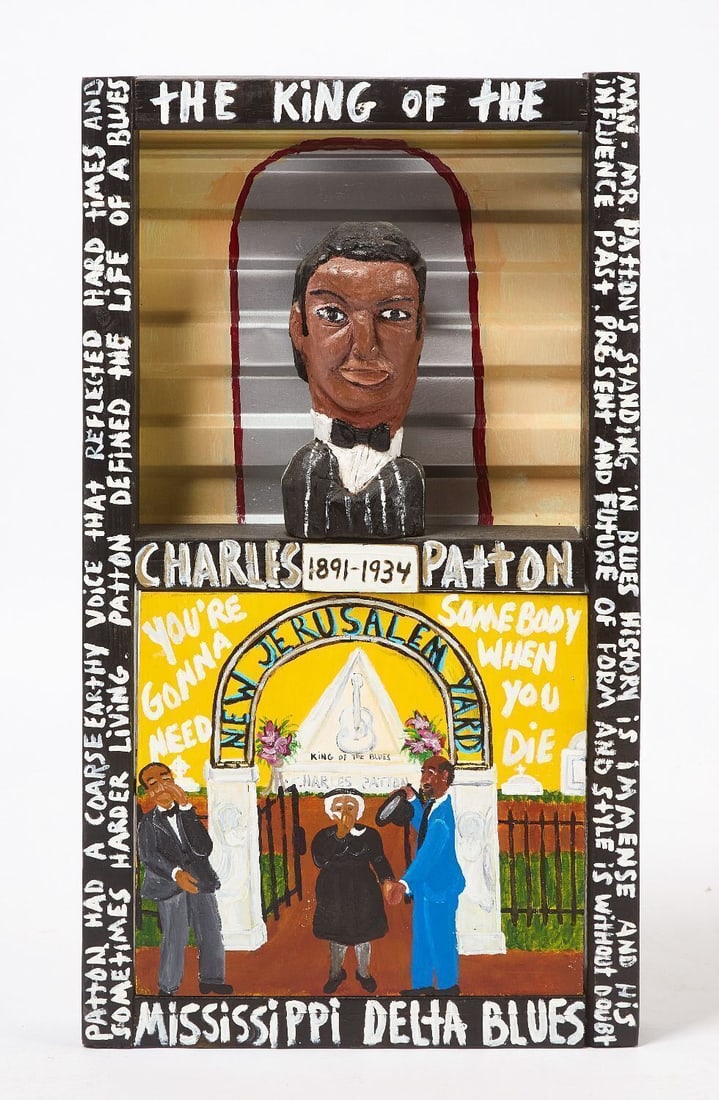 Charles Gillam and A.J. Boudreaux - Charles Patton Obituary Shrine: Charles Gillam (Louisiana, b. 1945) and Sainte James 'A.J.' Boudreaux (1948–2024), Charles Patton obituary/memorial shrine. Mixed media: wood, paint, and metal. circa 1999. H 28 in. W