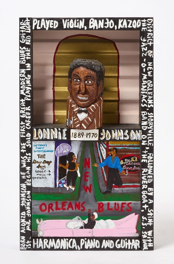 Charles Gillam and A.J. Boudreaux - Lonnie Johnson Obituary Shrine: Charles Gillam (Louisiana, b. 1945) Charles Gillam (Louisiana, b. 1945) and Sainte James 'A.J.' Boudreaux (1948–2024), Lonnie Johnson obituary/memorial shrine. Mixed media: wood, paint,