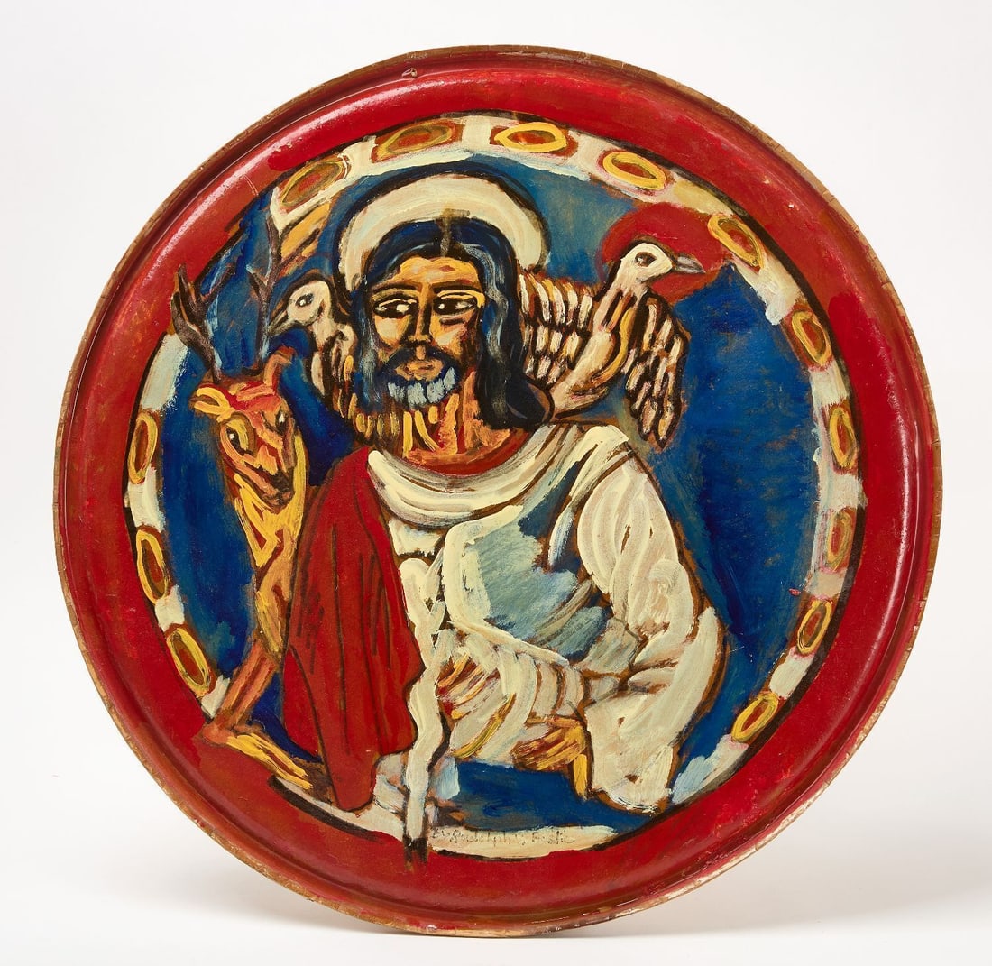 Rudolph Bostick - The Good Shepherd: Rudolphs Bostick (American, 1924-2021) -'The Good Shepherd'. Acrylic on round industrial cardboard lid. D 23-3/4 in.