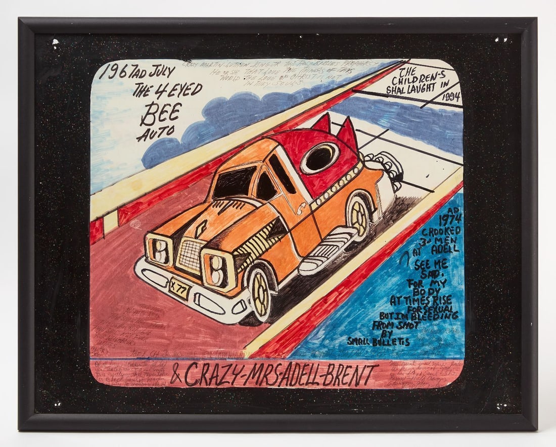 Royal Robertson - 4-Eyed Bee Auto: Royal Robertson (American, 1930–1997), '4-Eyed Bee Auto'. Two-sided mixed media ink, tempra and marker on posterboard. Dated 09/30/2000. Frame: H 23-1/2 in. W 29-1/4 in. Board: H 21-1/2