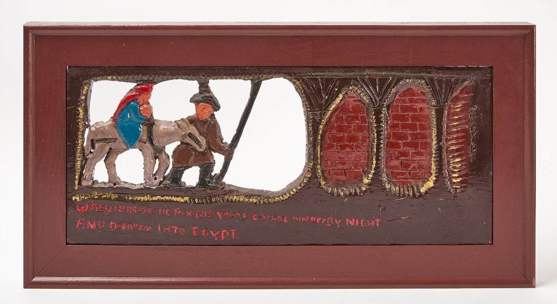 Josephus Farmer - Flight into Egypt: Josephus Famer (1894–1989) 'Flight into Egypt'. Oil enamel on carved wood. 'When He Arose He Took The Young Child & Mother By Night And Departed Into