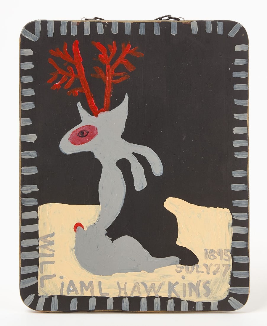 William Hawkins - Elk: William Hawkins (American, 1895–1990), 'Elk'. Enamel on plywood. Retains New Orleans Museum of Art label verso. Provenance: Ex-Gary Schwindler Collection.H 14 in. W 11-1/16 in.