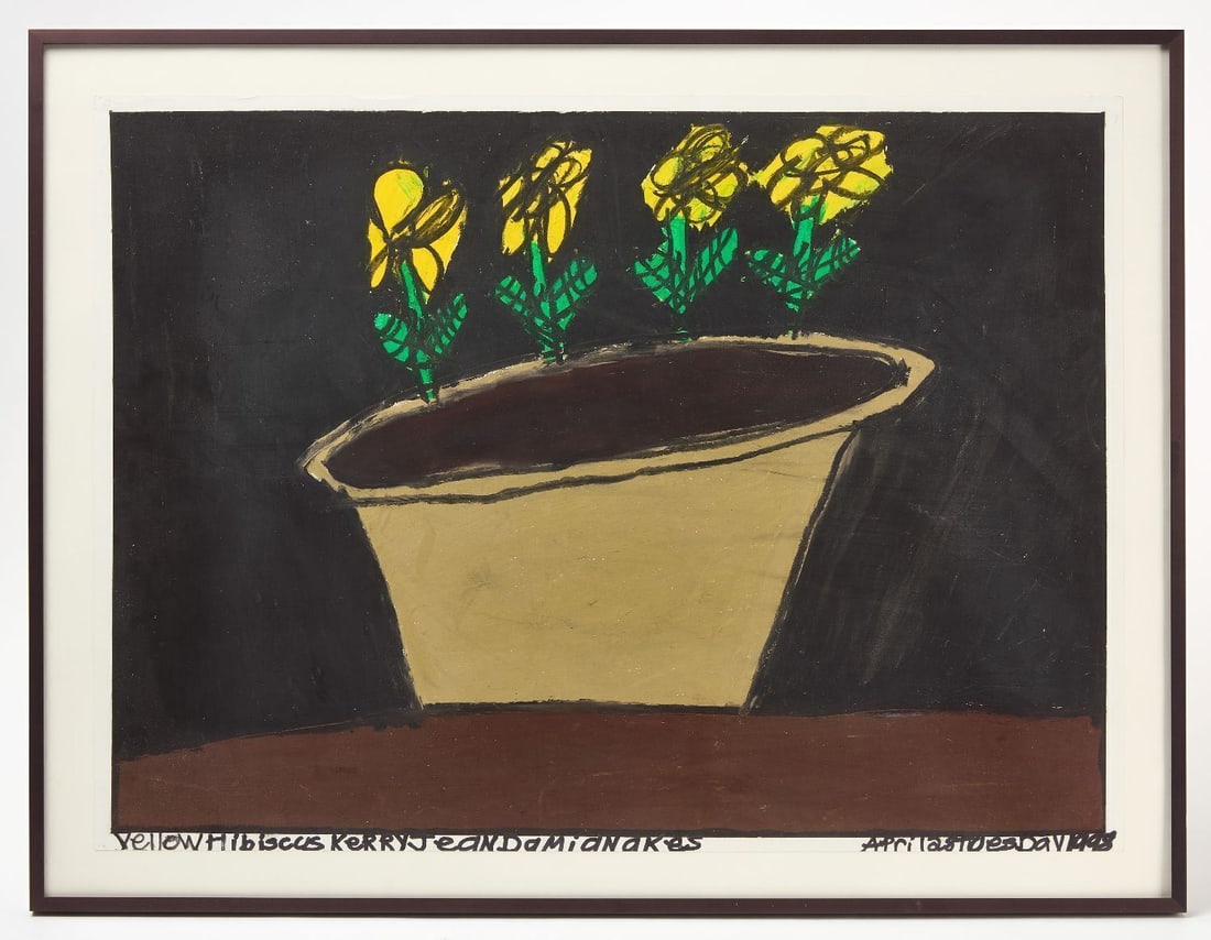 Kerry Jean Damianakes - Yellow Hibiscus: Kerry Jean Damianakes (American, b. 1949) - Yellow Hibiscus. Prismacolor and ink on paper. Signed and dated 1998 along bottom edge.Frame: H 25-3/4 in. W 33-3/4 in.Paper: H 22 in. W 30 in. 