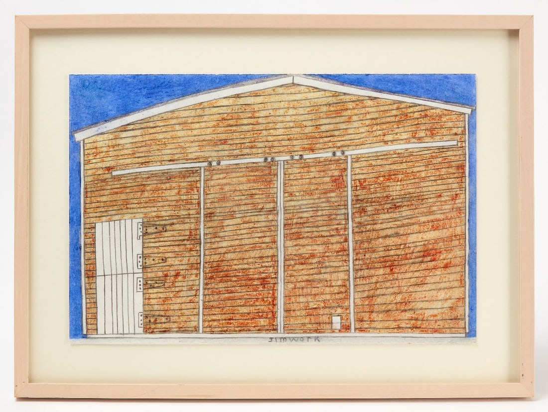 Jim Work - Barn: Jim Work (American, b. 1944) - 'Barn'. Crayon and pencil on assembled paper. Signed LC. circa 2000.Frame: H 17 in. W 22-3/4 in. Paper: H 12 in. W 17-3/4 in.