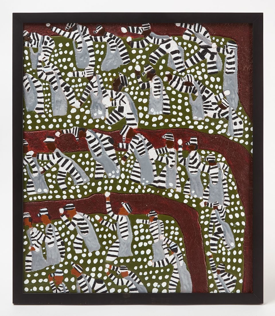 Winfred Rembert Jr. - Caught In the Pattern: Winfred Rembert Jr. - 'Caught In the Pattern'. Dye on tooled leather mounted to wood board.Frame: H 21-5/8 in. W 18-5/8 in. Sight: H 20 in. W 17 in.Winfred Rembert was born on November 22,