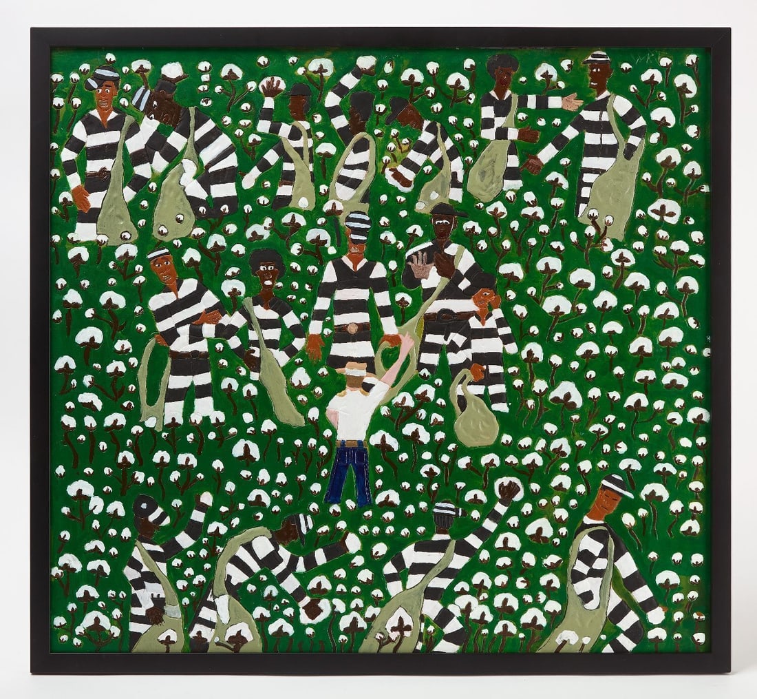 Winfred Rembert Jr. - They Never Stopped Picking: Winfred Rembert Jr., 'They Never Stopped Picking'. Dye on tooled leather mounted to wood board. Signed with artist's initials in URC. Frame: H 25 in. W 27-1/8 in. Sight: H 23-1/4 in.