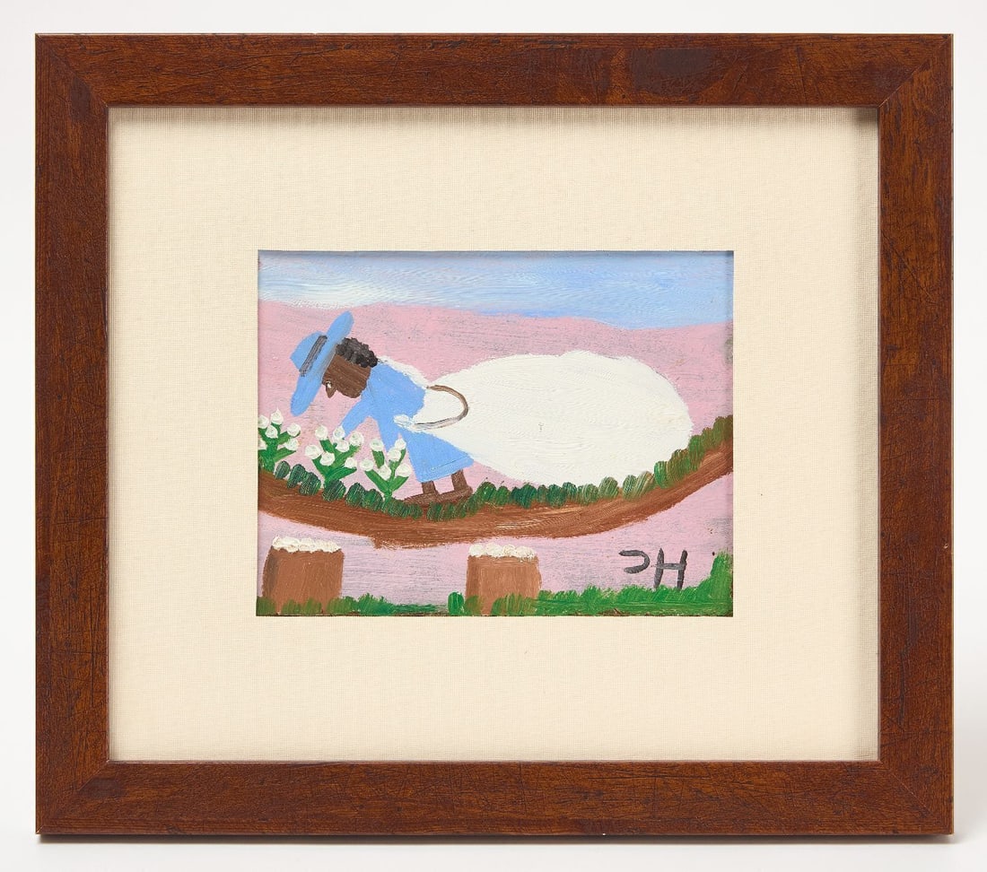 Clementine Hunter - Picking Cotton: Clementine Hunter (1887–1988), Picking Cotton. Oil on canvas board.Frame: H 13- W 14-7/8 in. Sight: H 6 in. W 8 in.Provenance: Slotin Auction, 06/20/06.Clementine Hunter was born into a Louisian