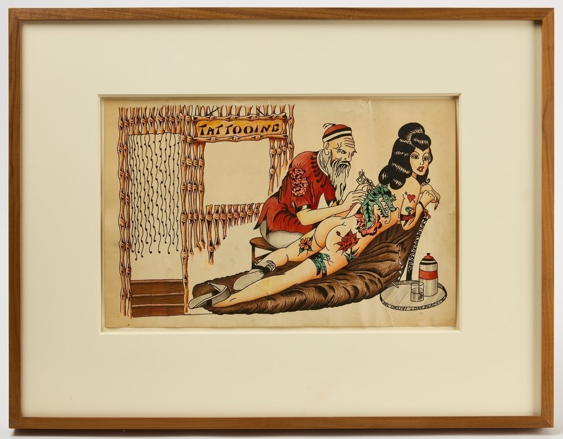 Al Orsini - Tattoo Flash: Tattoo flash by Al Orsini. Framed drawing depicting a woman receiving a tattoo. Watercolor and ink on paper. Signed by artist in LR corner. Long Beach, California. Circa 1960. Frame: H 20-1/2