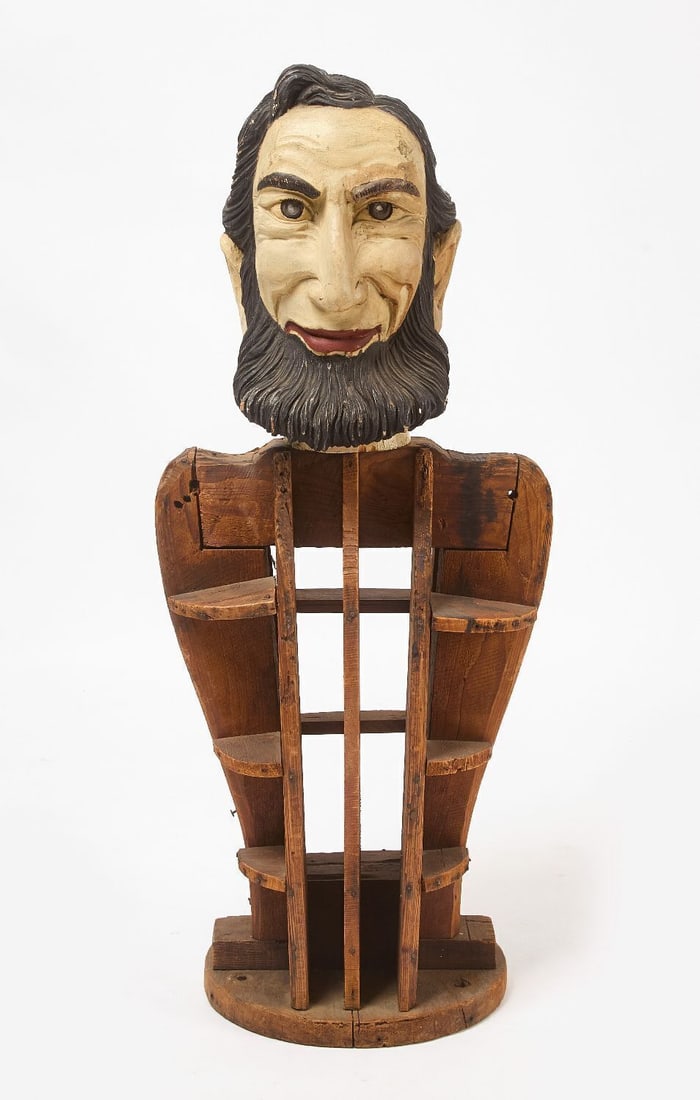 Theatrical Mannequin of Abraham Lincoln: Theatrical mannequin of Abraham Lincoln. Head carved from a single log. American, second half of the 19th century.H 42 in. W 18 in. D 12-1/2 in. 