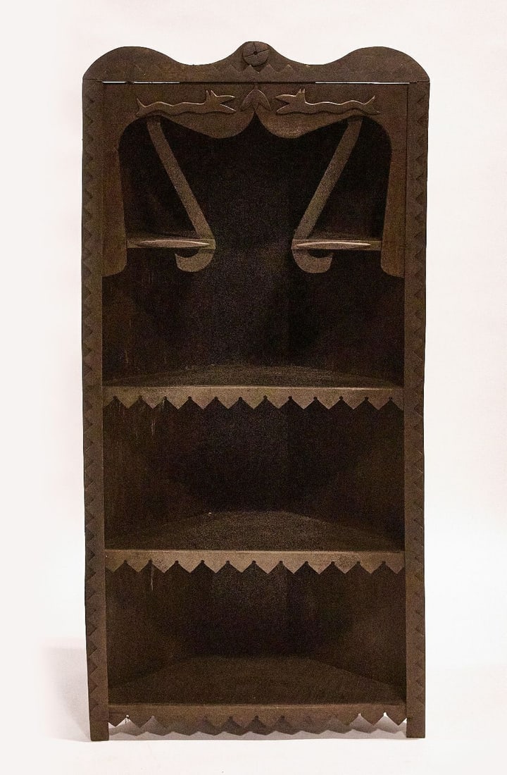Folk Art Corner Cupboard by Popeye Reed: Folk Art corner cupboard by Popeye Reed. Carved wood with applied ornaments. Ohio, signed and dated 1980.H 63-3/4 in. W 20-3/4 in. D 14 in.