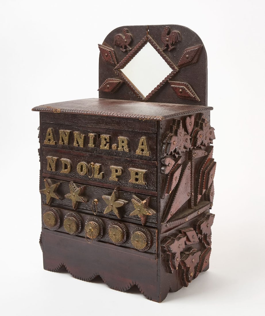 Child's Tramp Art Cabinet with Hand and Rooster: Child's personalized tramp art cabinet with four drawers, mirror and scalloped plinth. Cabinet features applied hand, roosters, hearts, and sailboat motifs with chip carvings to bottom front