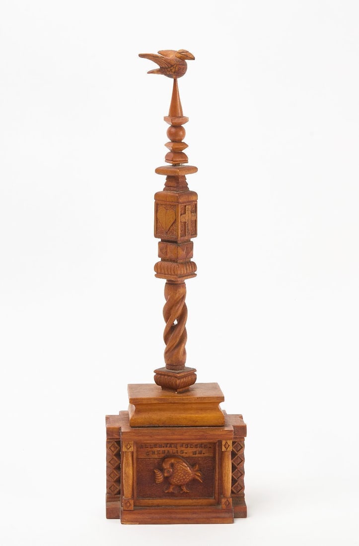 Allen Van Hoecke - Carved Miniature Monument: Allen Van Hoecke (Belgian/American, 1892–1970), Carved miniature folk monument. Carved wood with original finish. Features a bird with "PEACE" incised to a banner atop finial, a b