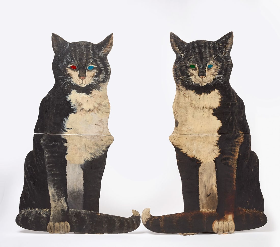 Monumental Pair of Large Cat Trade Signs: Monumental pair of cat trade signs. Braced plywood with glass eyes. Original paint. Circa 1930. Height: 60 in. Width: 40 in. Depth: 4 in.