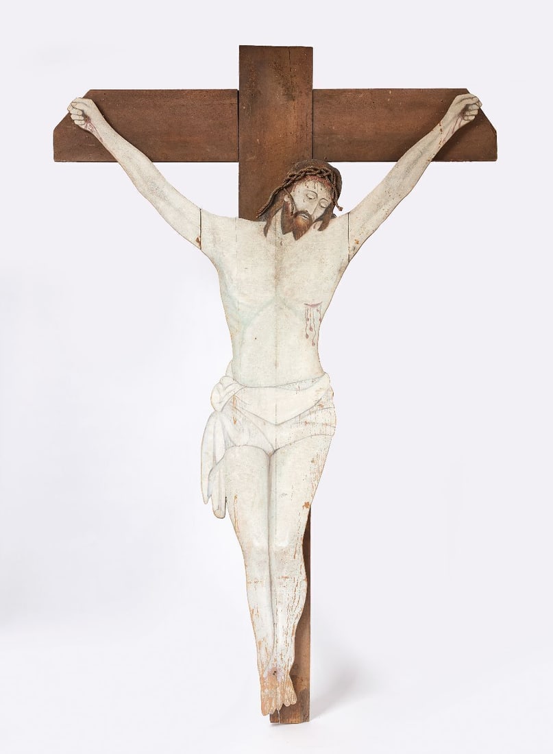 Folk Art Crucifix: Folk art Crucifix. Painted wood with rope hair. American circa 1890.H 108 in.