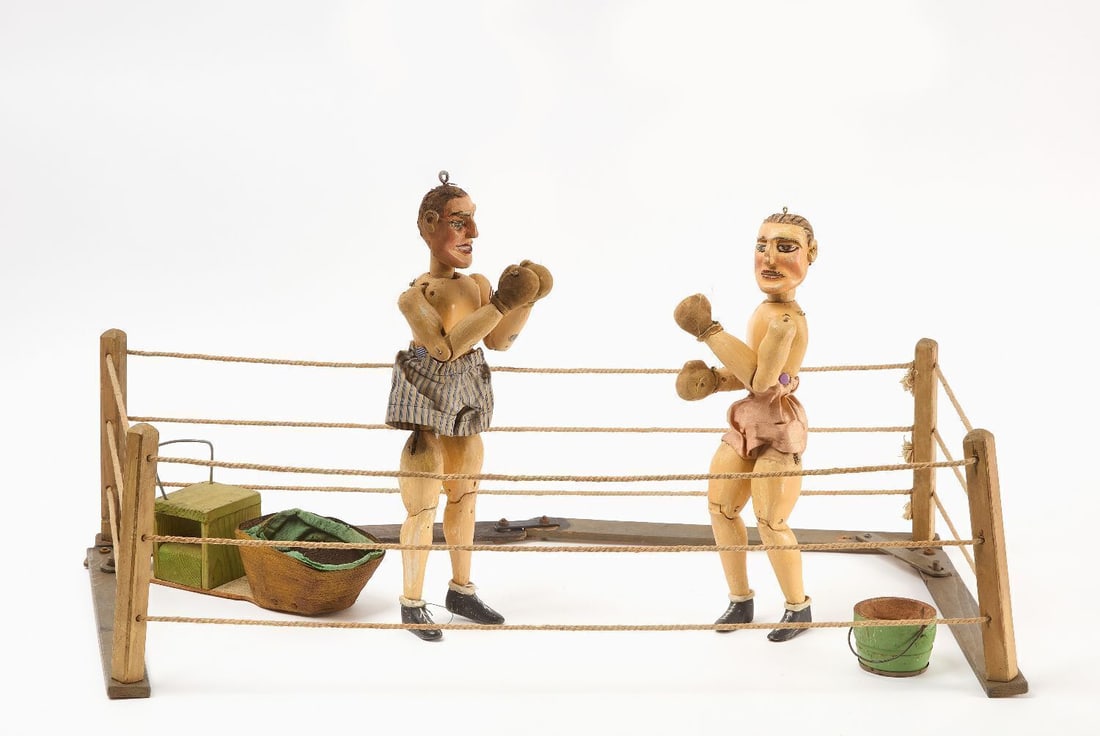 Pair of Folk Art Boxer Marionettes with Boxing Ring (1 of 3)