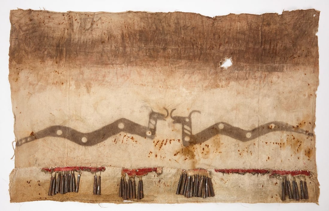 Native Dance Kilt: Native American dance kilt with tin cones and painted snakes. Hide, fabric, tin and pigment, Southwest United States, circa 1900.H 26 in. L 43 in. 