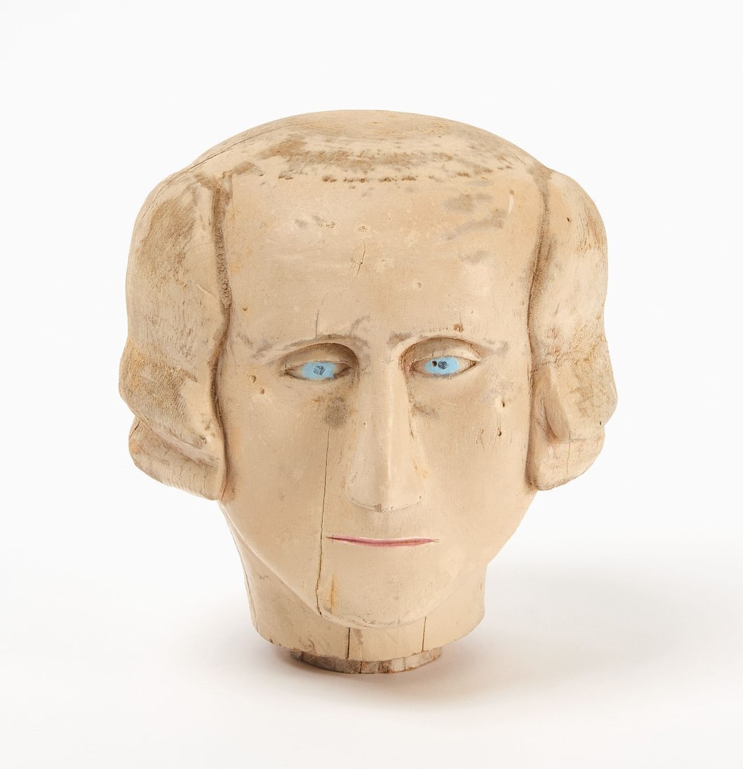 Folk Art Carved Head of George Washington: Folk art carved and painted head of George Washington. Original paint with pink lips and blue eyes. American, circa 1920.H 6-3/4 in.