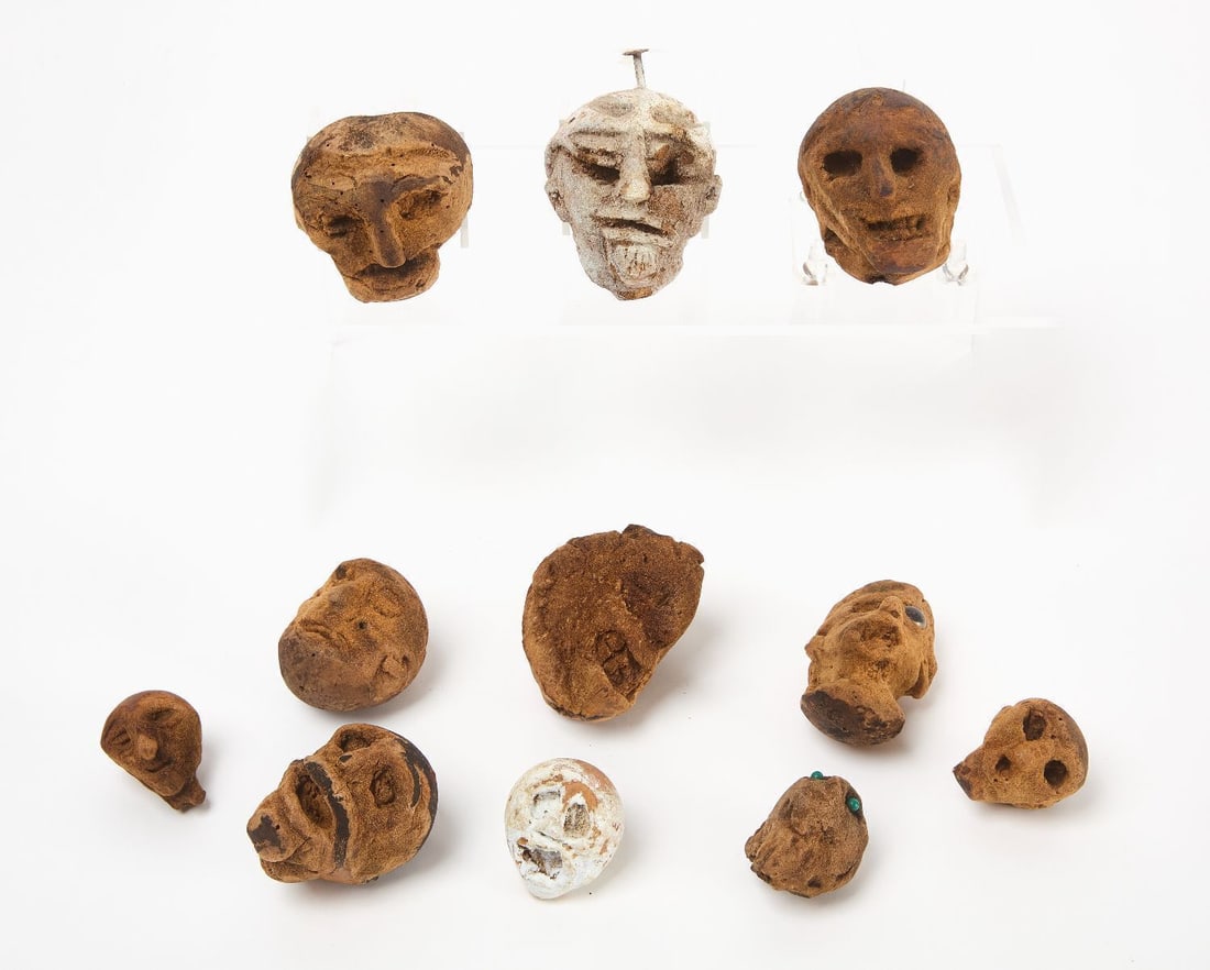 Collection of Folk Art Heads: Collection of 11 folk art heads. Mixed media, carved nuts . purportedly created by a man that was once institutionalized in the Sacramento, California area, sometime between the 1930’s to the