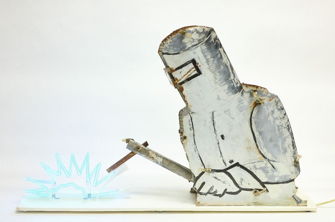 Folk Art Welder Neon Sign: Folk art sheet metal welder figure trade sign with neon . American, circa 1940.H 26-1/4 in. L 42-1/4 in. W 9 in.