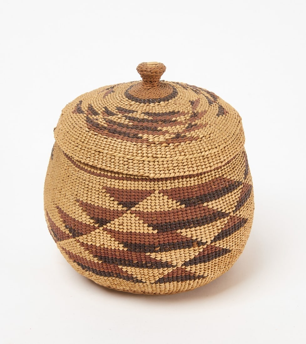 Fine Hupa Covered Basket: Fine Hupa covered basket. Washington State. Circa 1900.H 4-1/2 in.D 4 in.