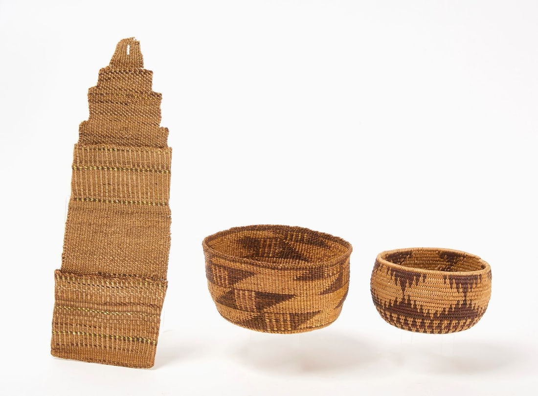 Northwest Coast Coiled Basket, Hat, and Wall Pocket: Northwest coast coiled basket. Together with a hat and a wall pocket. circa 1900. H 3 in. D 5-1/8 in. H 3-1/2 in. D 6-3/4 in. H 15 in. W 5 in.