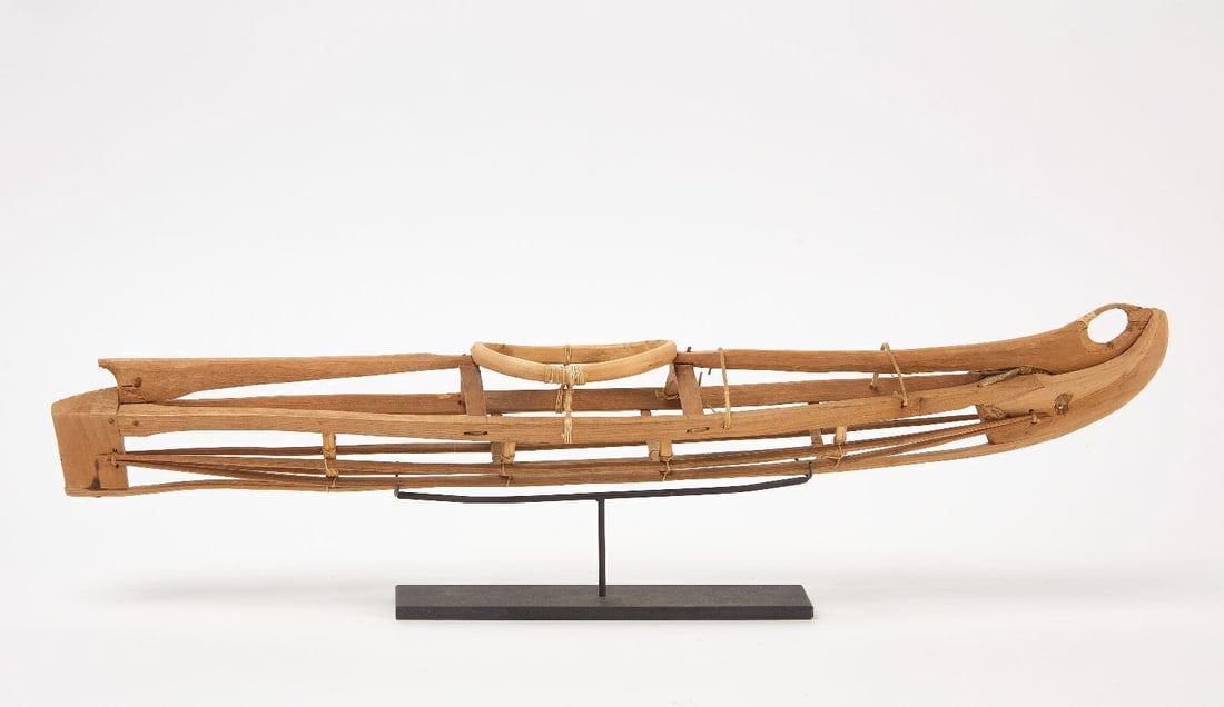 Canoe Model: Canoe model. Hewn wood. Custom metal stand included as shown. L 20-1/4 in.