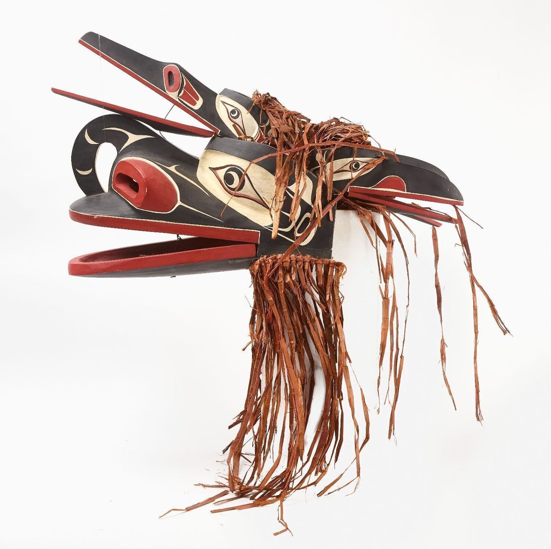 Don Lelooska - Raven Ceremonial Mask: Don Lelooska (Cherokee/Adopted Kwakwaka'wakw (Kwakiutl) 1933–1996), ceremonial raven mask. Polychrome paint on carved and articulated wood, with cedar fringe. Signature to interior of