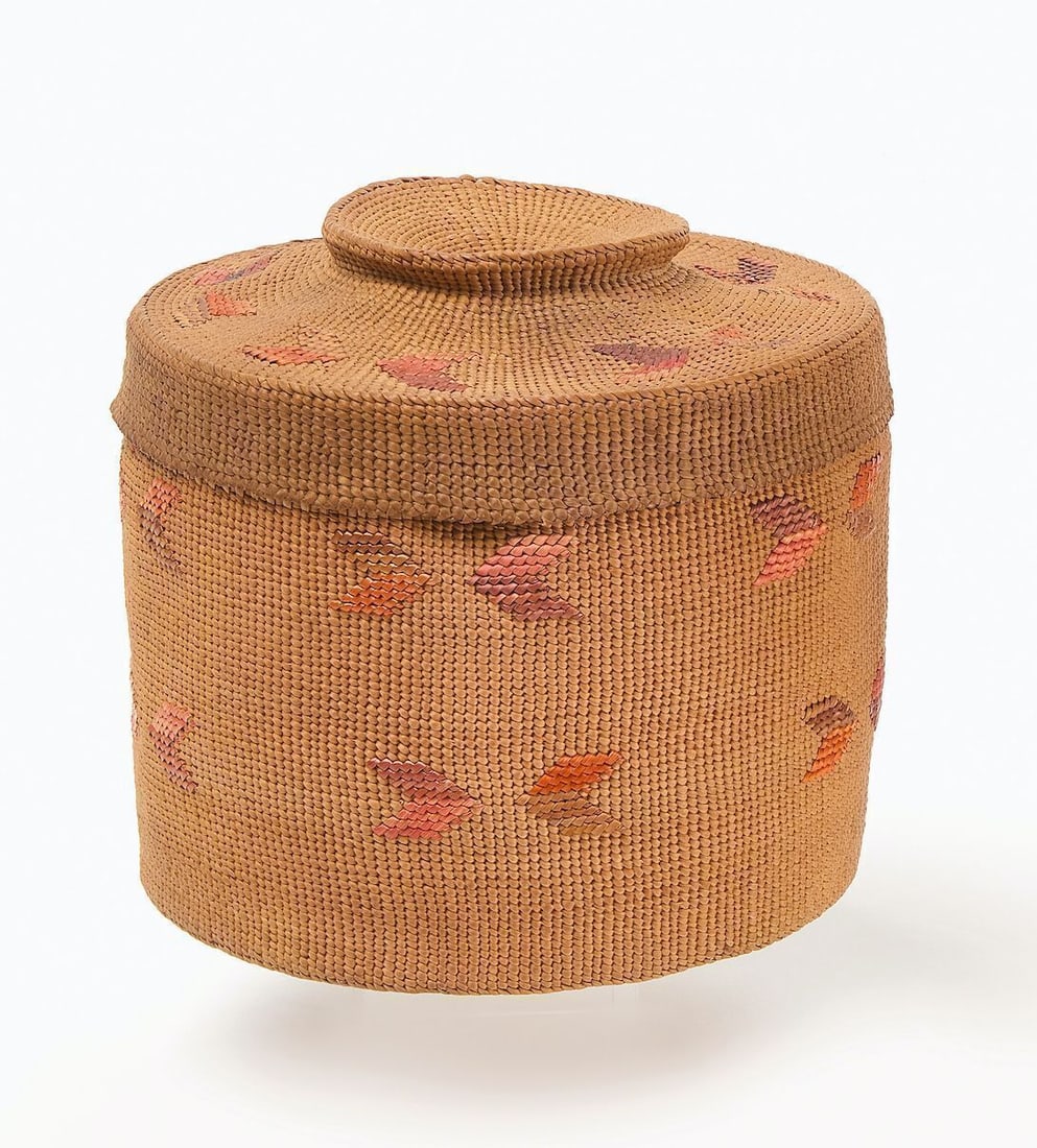 Aleut Basket with Rattle Top: Aleut covered basket with rattle top. North West Coast, United States, circa 1900.H 5 in. D 5-1/2 in.