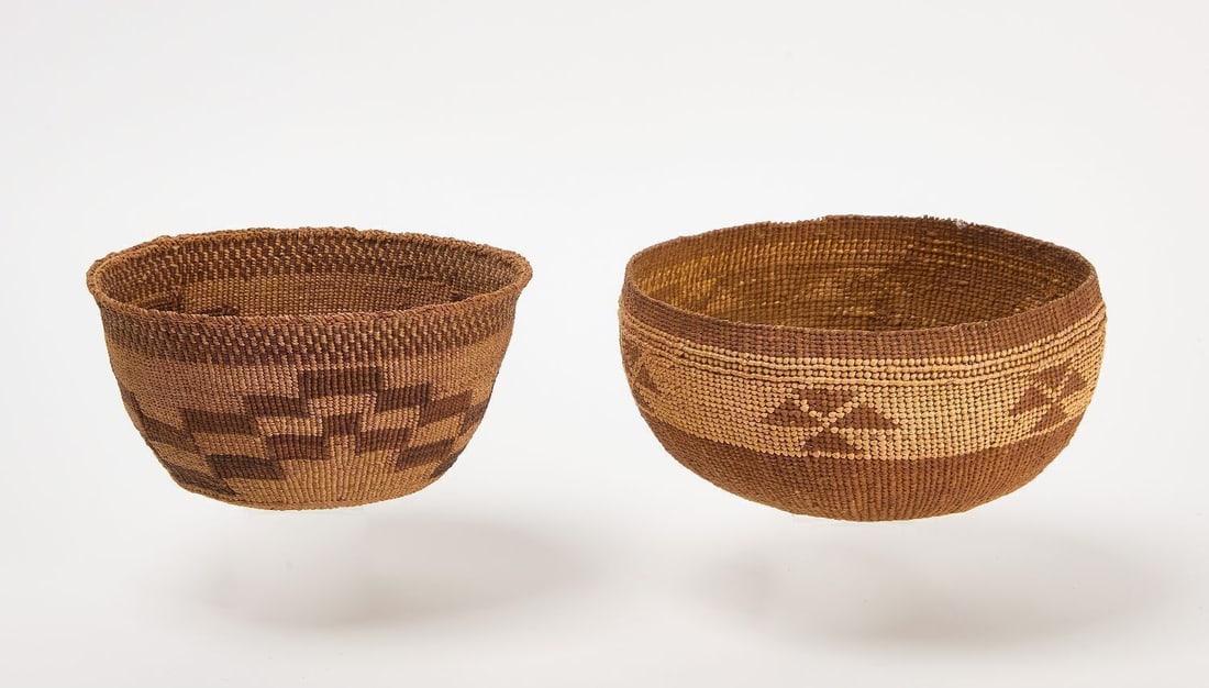 Two Northwest Coast Native Basketry Caps: Two Northwest Coast Native basketry caps. Likey Hupa/Karok, circa 1900. H 3-1/2 in. D 7-3/8 in. H 3-3/4 in. D 7-1/4 in.