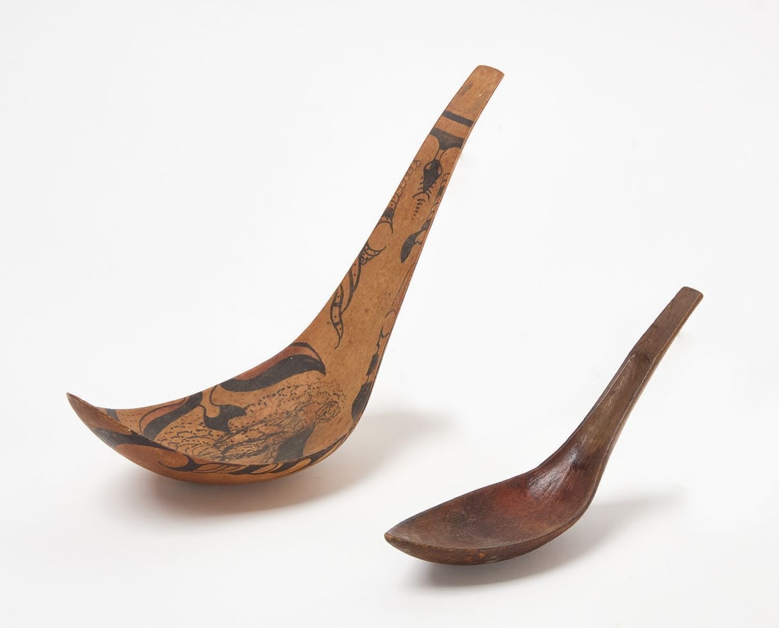Two Native American Scoops: Two Native American scoops. One with painted designs and marine life. Northwest Coast.One stand included as shown for smaller scoop. L 12 in. and L 9 in. 