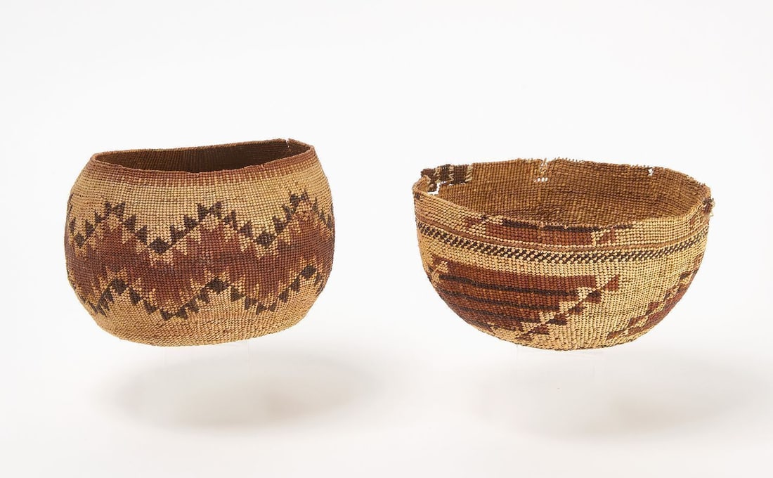 Hupa Bowl and Hupa Hat: Hupa bowl with sawtooth design. Together with a Hupa hat. 19th century.H 4-1/4 in. D 5-1/4 in. and H 3-3/8 in. D 6-3/4 in.
