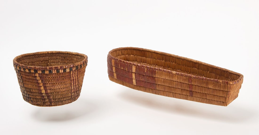 Northwest Coast Imbricated Baby Cradle and Basket: Northwest Coast imbricated baby cradle. Together with an imbricated bowl. 19th century.H 3-3/8 in. L 16-7/8 in. W 6 in. H 4-3/4 in. D 8 in.