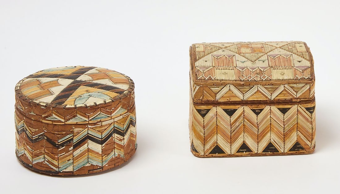 Two Quillwork Boxes: Two early quill work boxes. Early dome top Mi'kmaq tribe, circa 1860. Other, Northeastern United States. Circa 1890-1910. H 4 in. D 6-1/2 in. Dome top: H 5-1/4 in. W 6-1/2 in. D 6 in.