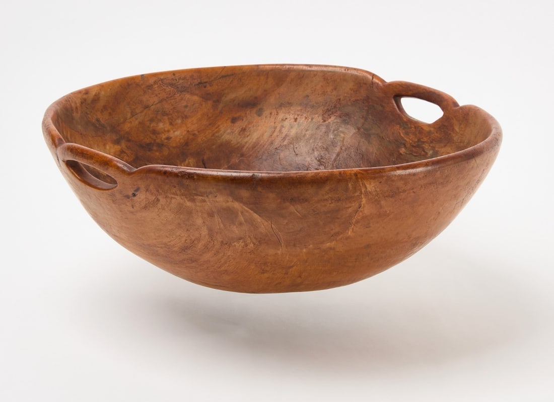 Native American Burl Bowl: Native American burl bowl with 2 cut-out handles. Circa 1800.H 6-1/2 in. D 17-1/2 in.