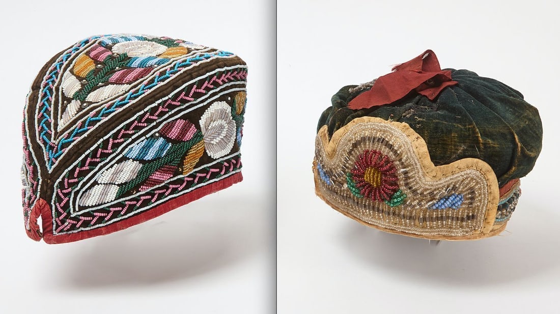 Two Iroquois Beaded Caps: Two Iroquois beaded hats (one Glengarry). Late 19th century.