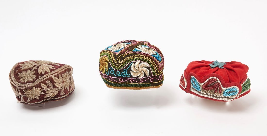 Three Great Lakes Beaded Caps: Three beaded caps. Great Lakes region, circa 1860-1880.