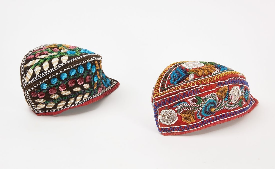 Two Native Glengarry Hats: Two Iraquois and Mohawk Glengarry hats. One on red trade cloth. Circa 1870. L each approx 11 in.