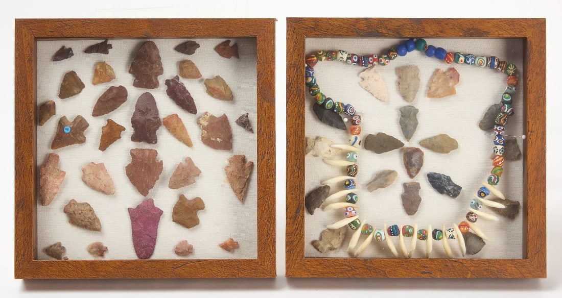 Two Framed Series of Native American Arrowheads with Tooth Necklace: Native American framed collection of arrowheads and a tooth necklace. pre-columbian era. Modern frames. H 10 in. W 10 in.