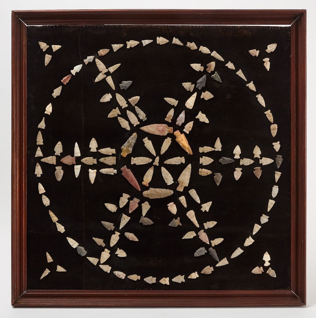 Collection of Native American Stone Points: Collection of early Native American stone points. Approx 150 points.Frame: H 29-1/4 in. W 29-1/4 in.Largest point: H 3-1/4 in.