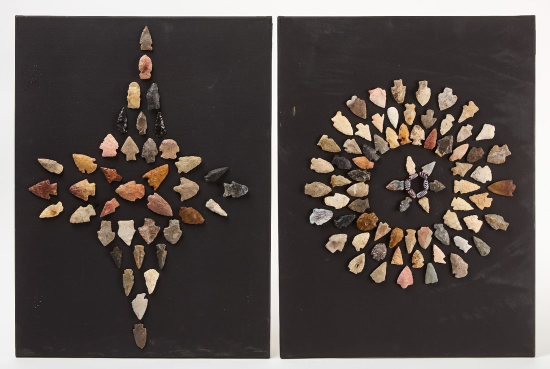 Two Displays of Native American Arrowheads: Two Native American assorted stone arrowhead displays, arranged on a board, H 24 in. W 18 in.
