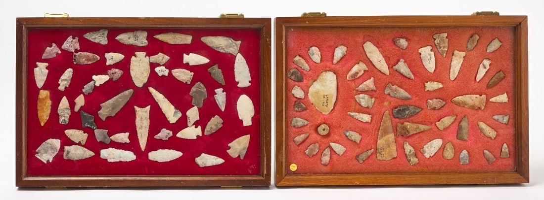 Two Native American Arrowhead Displays: Two Native American arrowheads displays.H 12 in. W 18 in.